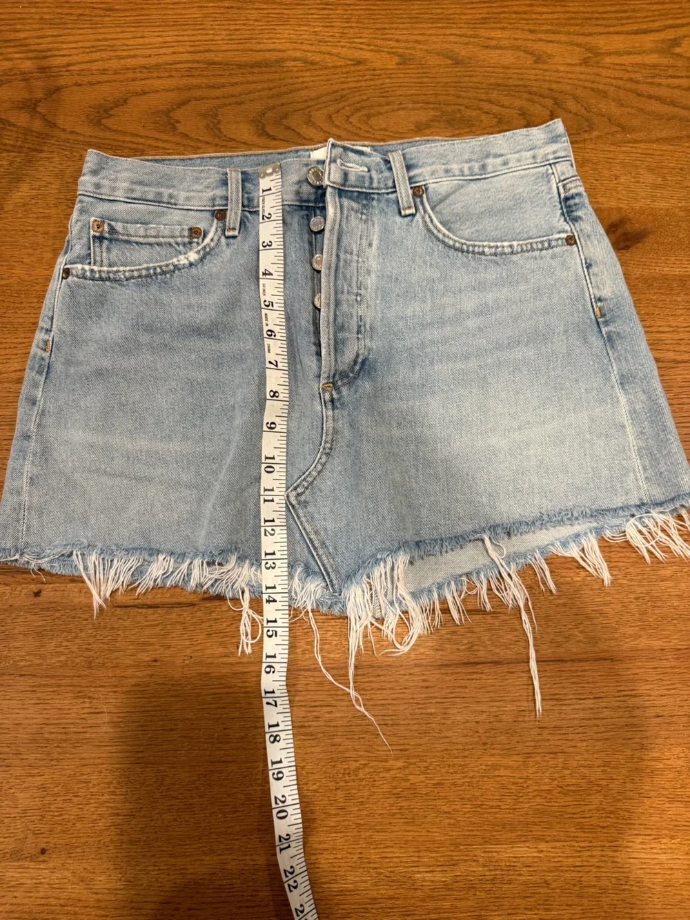 Agolde Light Blue Denim Asymmetrical Frayed Mini Skirt
